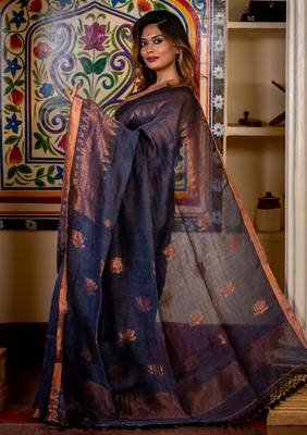 grey hand woven linen zari work all seasons sarees 2