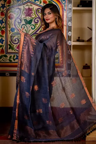 grey hand woven linen zari work all seasons sarees