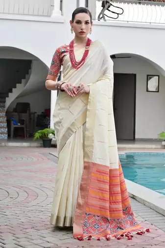 off white color khadi raw silk blend blend fabric woven meena rich pallu border designer beautiful saree