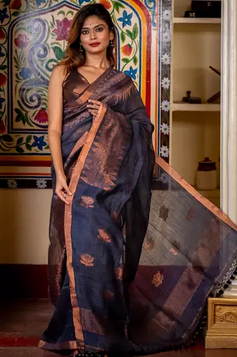 grey hand woven linen zari work all seasons sarees