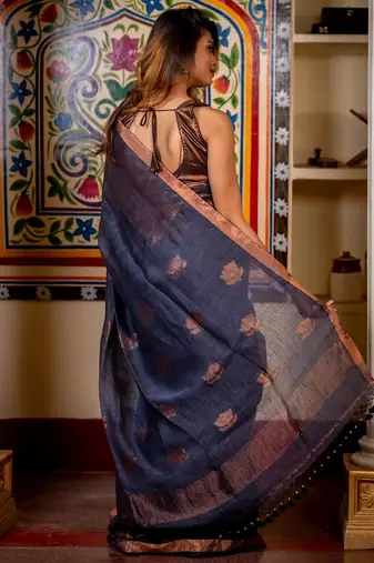grey hand woven linen zari work all seasons sarees