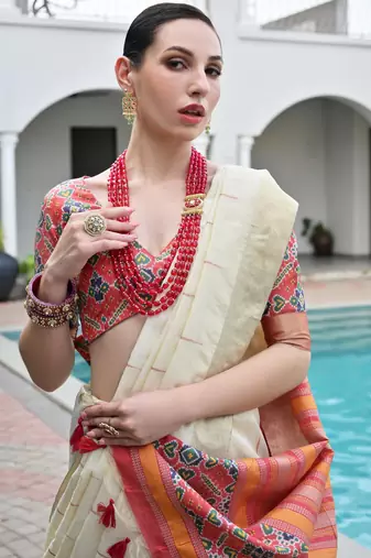 off white khadi raw silk blend blend woven meena rich pallu border saree