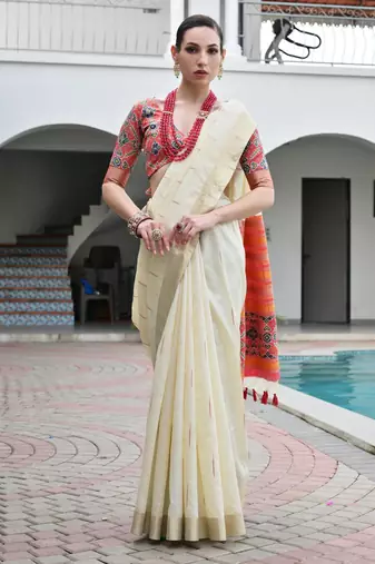 off white khadi raw silk blend blend woven meena rich pallu border saree