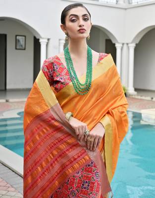 orange khadi raw silk blend blend woven meena rich pallu border saree 3