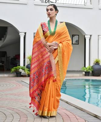 orange khadi raw silk blend blend woven meena rich pallu border saree 4