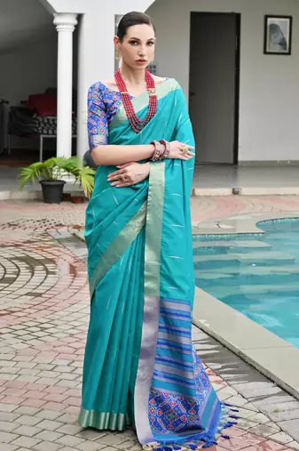 blue color khadi raw silk blend blend fabric woven meena rich pallu border designer beautiful saree