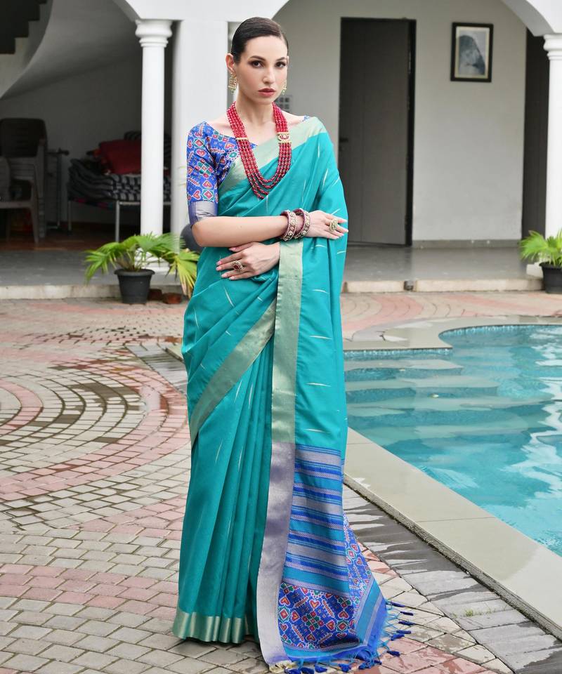 blue color khadi raw silk blend blend fabric woven meena rich pallu border designer beautiful saree