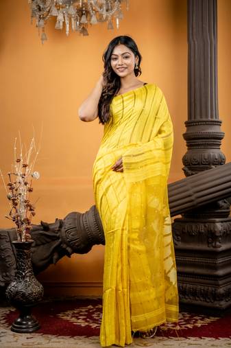 yellow hand woven matka silk blend zari work all seasons sarees