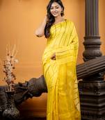 yellow hand woven matka silk blend zari work all seasons sarees