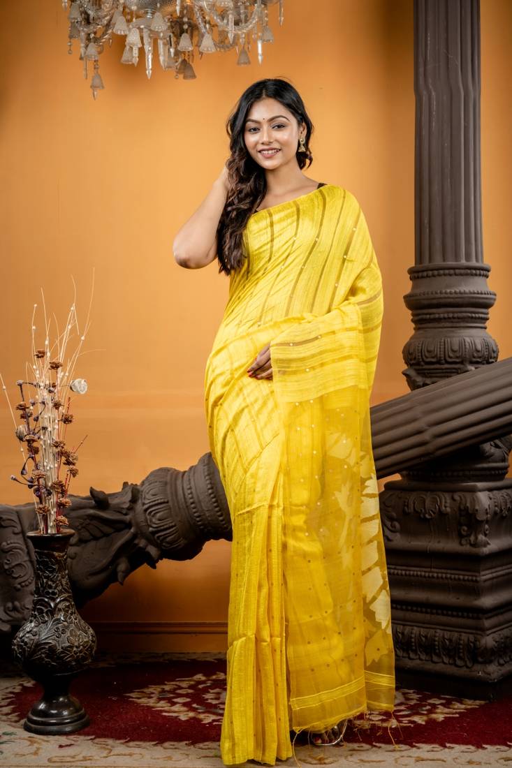 yellow hand woven matka silk blend zari work all seasons sarees