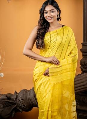 yellow hand woven matka silk blend zari work all seasons sarees 2