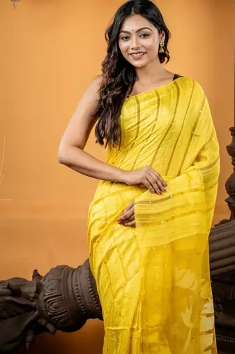 yellow hand woven matka silk blend zari work all seasons sarees