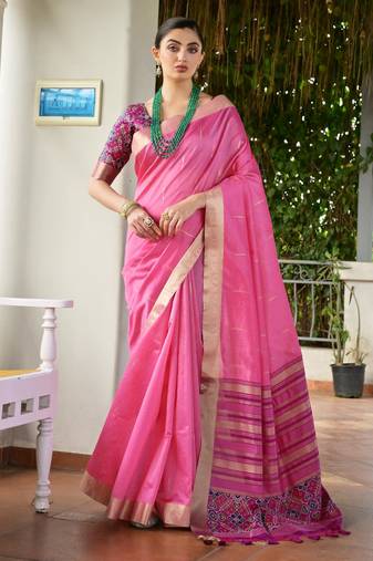 pink color khadi raw silk blend blend fabric woven meena rich pallu border designer beautiful saree