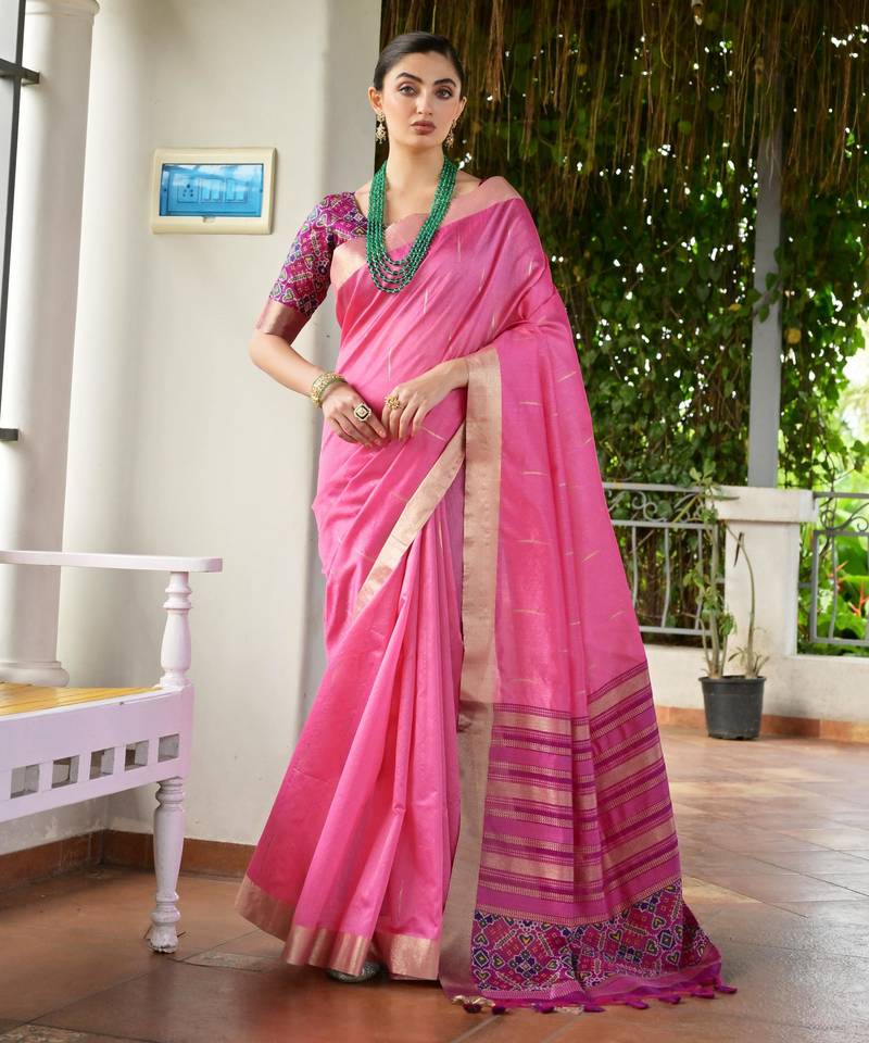 pink color khadi raw silk blend blend fabric woven meena rich pallu border designer beautiful saree