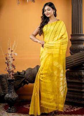 yellow hand woven matka silk blend zari work all seasons sarees 3