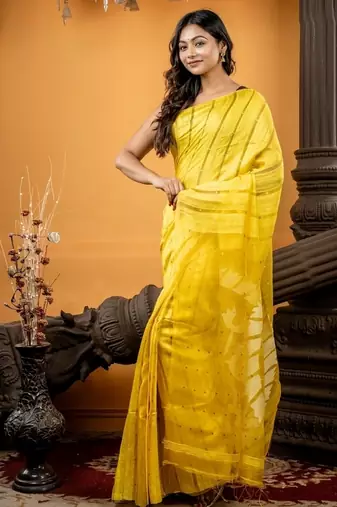 yellow hand woven matka silk blend zari work all seasons sarees