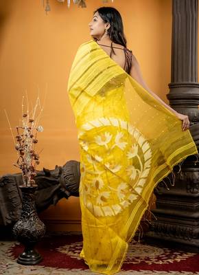 yellow hand woven matka silk blend zari work all seasons sarees 4