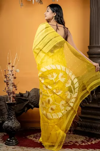 yellow hand woven matka silk blend zari work all seasons sarees