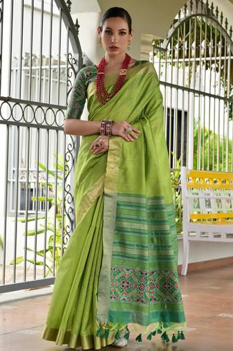 green color khadi raw silk blend blend fabric woven meena rich pallu border designer beautiful saree