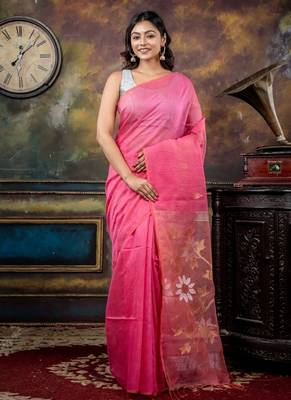 pink hand woven linen zari work all seasons sarees 1