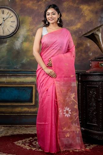 pink hand woven linen zari work all seasons sarees