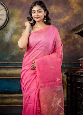 pink hand woven linen zari work all seasons sarees 2