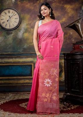pink hand woven linen zari work all seasons sarees 3