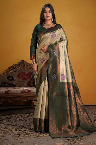 green color beautiful art silk fabric woven jacquard designer saree