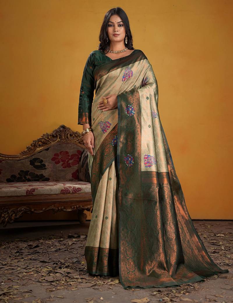 green color beautiful art silk fabric woven jacquard designer saree