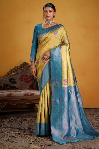 firozi color beautiful art silk fabric woven jacquard designer saree