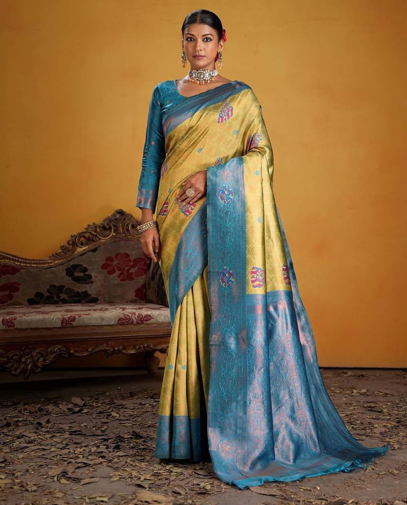 firozi color beautiful art silk fabric woven jacquard designer saree