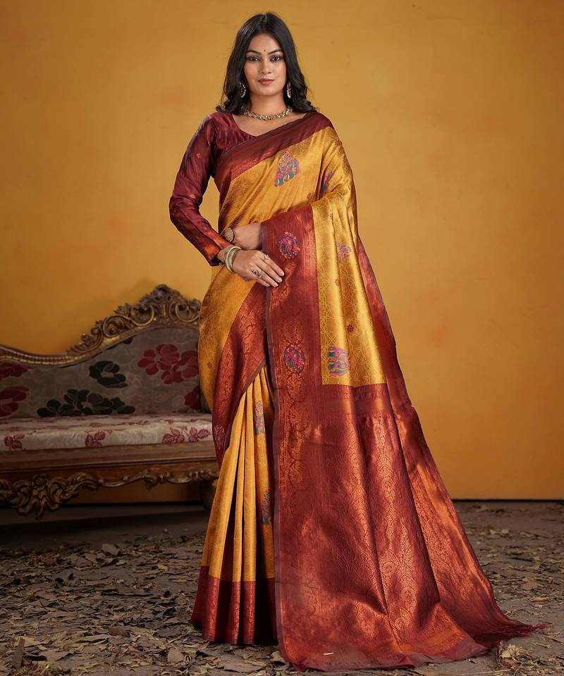 maroon color beautiful art silk fabric woven jacquard designer saree
