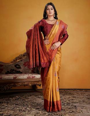 maroon art silk blend woven jacquard saree 3