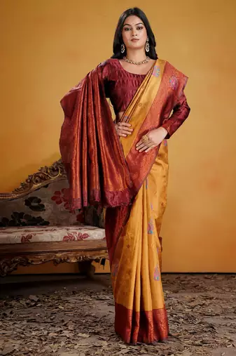maroon art silk blend woven jacquard saree
