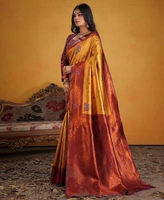 maroon art silk blend woven jacquard saree 4
