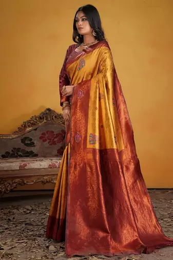 maroon art silk blend woven jacquard saree