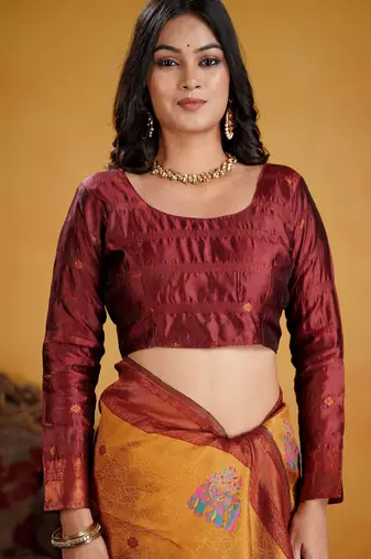 maroon art silk blend woven jacquard saree
