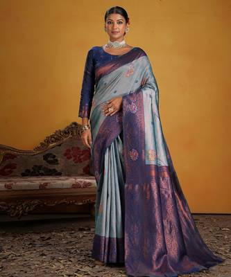 blue art silk blend woven jacquard saree 1