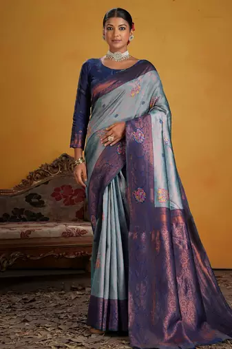 blue color beautiful art silk fabric woven jacquard designer saree