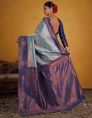 blue art silk blend woven jacquard saree 2