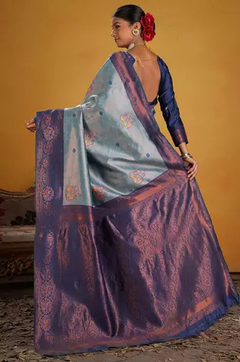 blue art silk blend woven jacquard saree