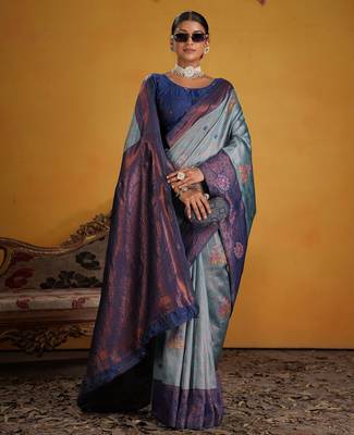 blue art silk blend woven jacquard saree 3