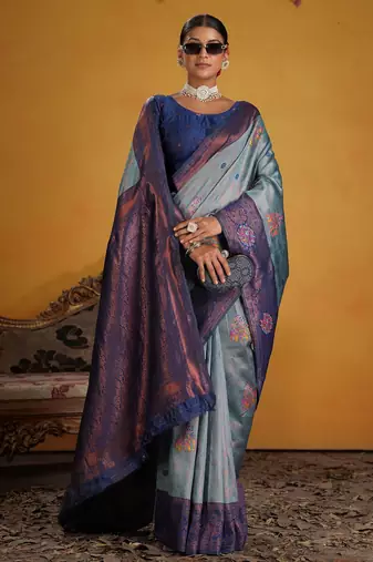 blue art silk blend woven jacquard saree