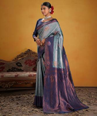 blue art silk blend woven jacquard saree 4