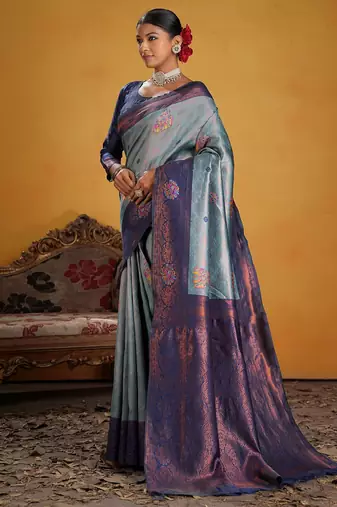 blue art silk blend woven jacquard saree