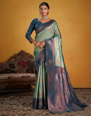 teal art silk blend woven jacquard saree 1