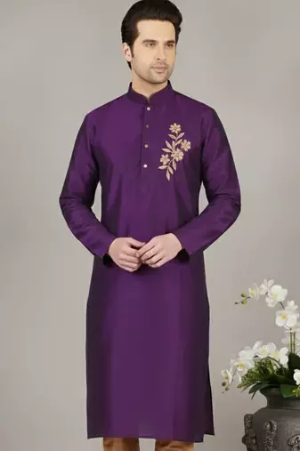 Purple embroidered dupion silk kurta