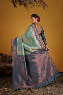 teal art silk blend woven jacquard saree 2
