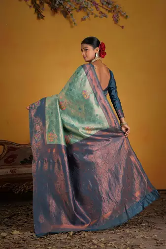 teal art silk blend woven jacquard saree