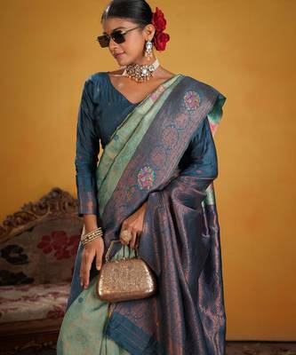 teal art silk blend woven jacquard saree 3